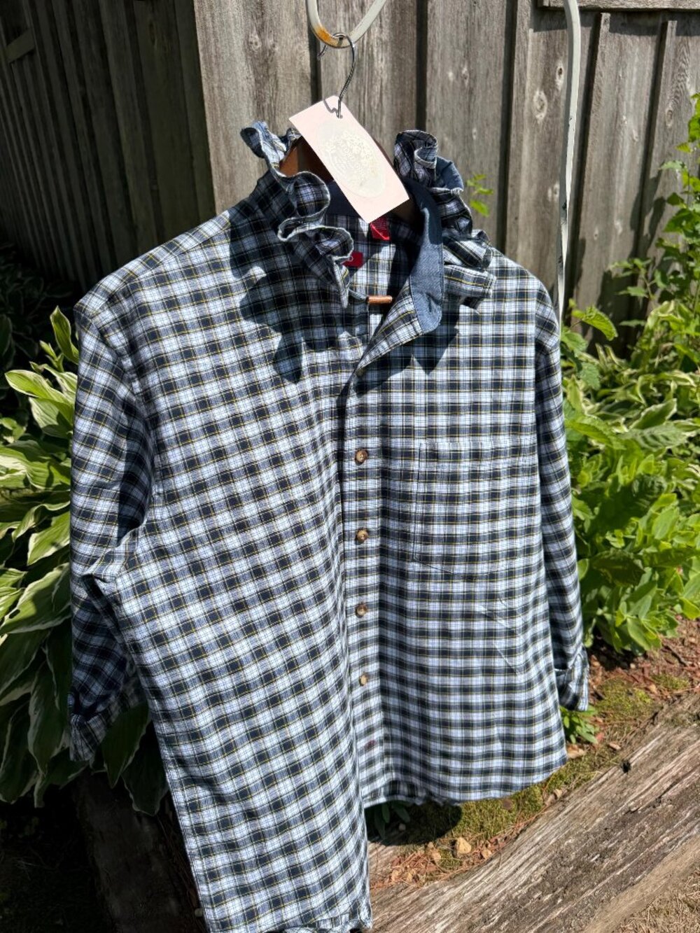 IZOD traditional plaid upcycled shirt - ruffle collar - size M